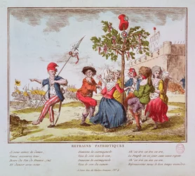 Patriotische Refrains: Französische Revolutionäre tanzen die Carmagnole um den Baum der Freiheit, ca. 1792
